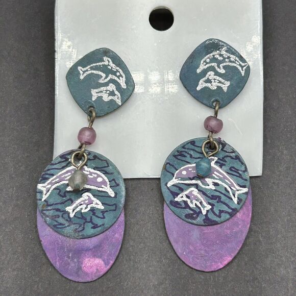 Vintage Turquoise Purple Metal Dangles Chain Dolphin Necklace Dangle Earrings - Picture 4 of 14